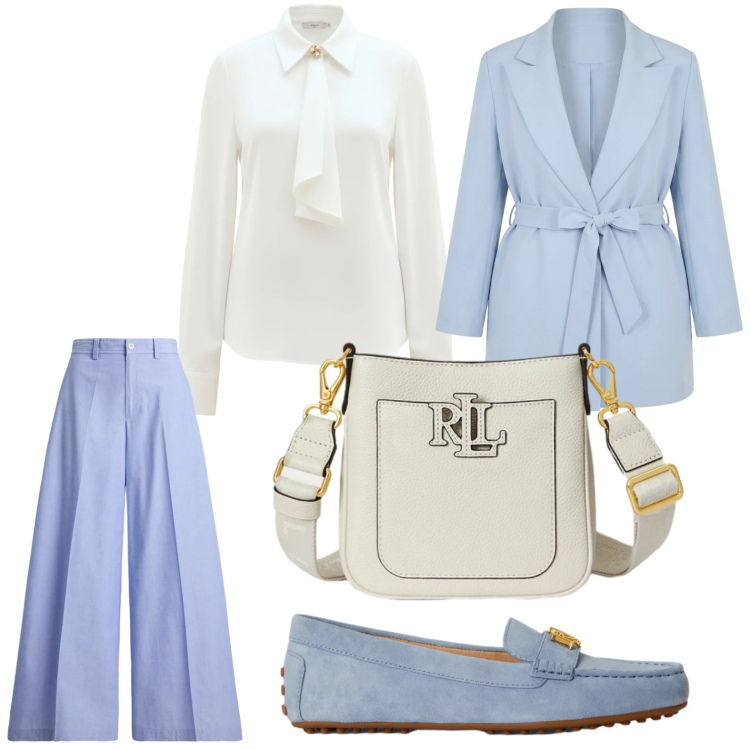 Outfit donna - Riunione d\'ufficio. Stile Basic per Ufficio. Abbinamento con camicie, blazer, borse a tracolla, pantaloni, mocassini.