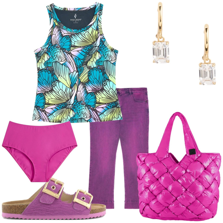 Outfit donna - Colore preferito. Stile Casual per Tutti i giorni. Abbinamento con culotte, jeans, borse tote, orecchini, canottiere, sandali in pelle.