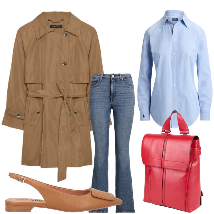 Outfit donna - Office may. Stile Trendy per Ufficio. Abbinamento con zaini, ballerine, trench, jeans bootcut, camicie.