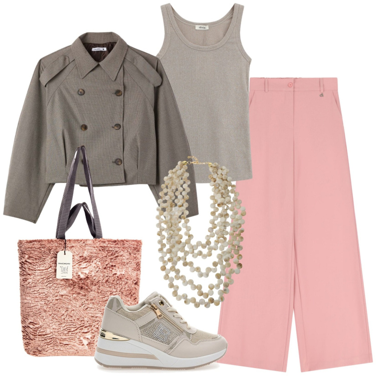 Outfit donna - Femminile. Stile Sporty chic per Tutti i giorni. Abbinamento con caban, collane, borse tote, pantaloni a palazzo, top, sneakers.