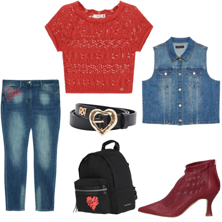 Outfit donna - Red heart. Stile Boho per Tutti i giorni. Abbinamento con stivaletti, zaini, top, cinture, jeans skinny, gilet.