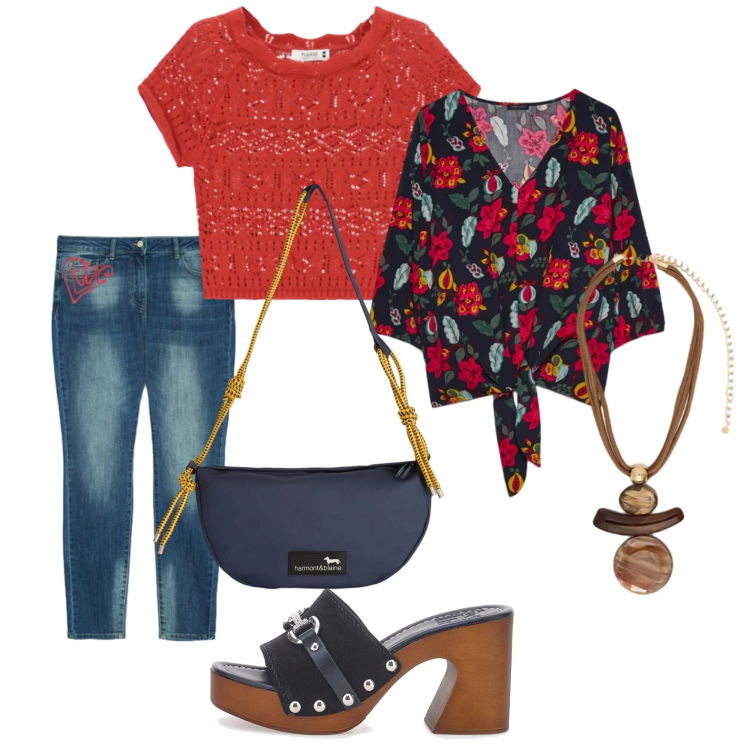 Outfit donna - Red touch. Stile Boho per Tutti i giorni. Abbinamento con bluse, ciondoli, jeans skinny, top, borse a tracolla, zoccoli.