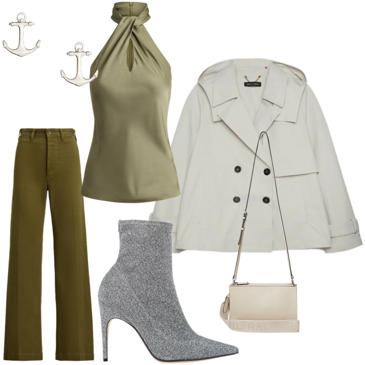 Outfit donna - Oliva chic. Stile Chic per Serata fuori. Abbinamento con stivaletti, trench, borse a tracolla, pantaloni, orecchini, bluse.