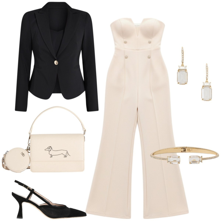 Outfit donna - Cerimonia. Stile Chic per Cerimonia. Abbinamento con décolleté, borse a tracolla, blazer, tute, orecchini, braccialetti.
