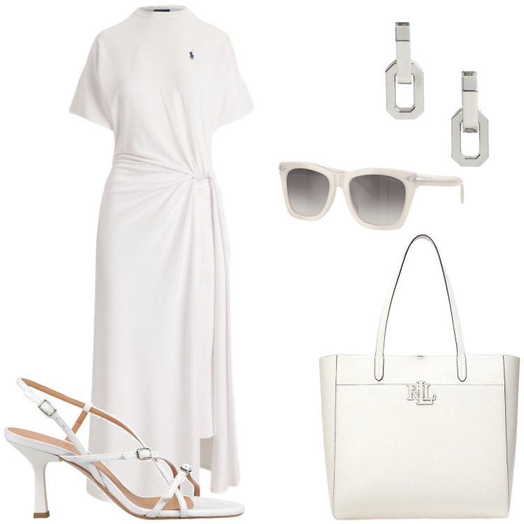 Outfit donna - Bianco totale. Stile Glamour per Tutti i giorni. Abbinamento con sandali in pelle, borse tote, occhiali da sole, orecchini, vestiti lunghi.