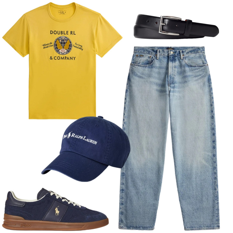 Outfit uomo - Maggio. Stile Casual per Tutti i giorni. Abbinamento con cinture, sneakers, cappelli, jeans, t-shirt.