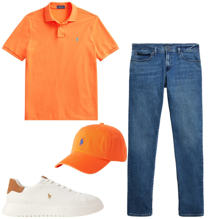 Outfit uomo - Maggio. Stile Casual per Tutti i giorni. Abbinamento con polo, jeans, cappelli con visiera, sneakers.