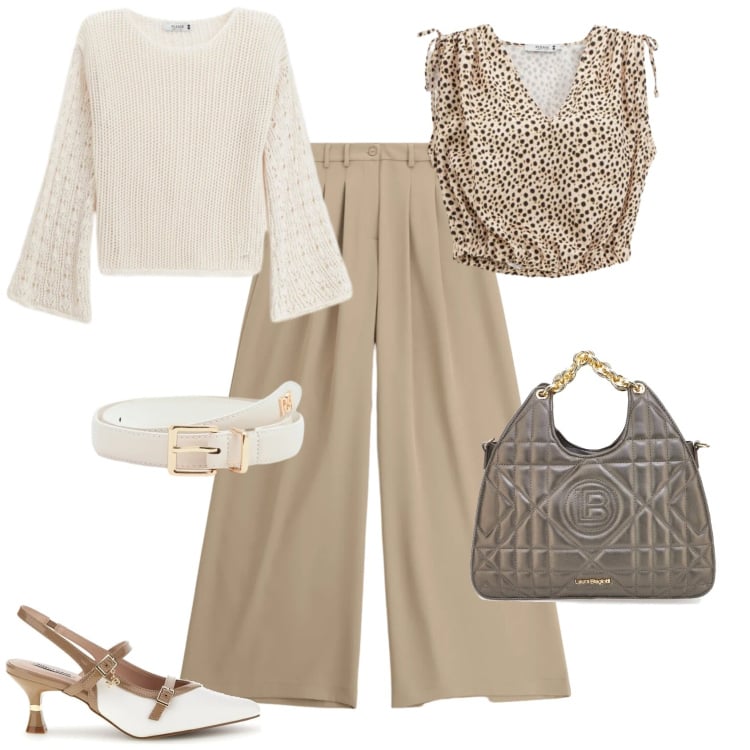 Outfit donna - Casual chic ufficio tempo libero. Stile Casual chic per Tutti i giorni. Abbinamento con maglieria, pantaloni a palazzo, top, cinture, décolleté, borse a mano.