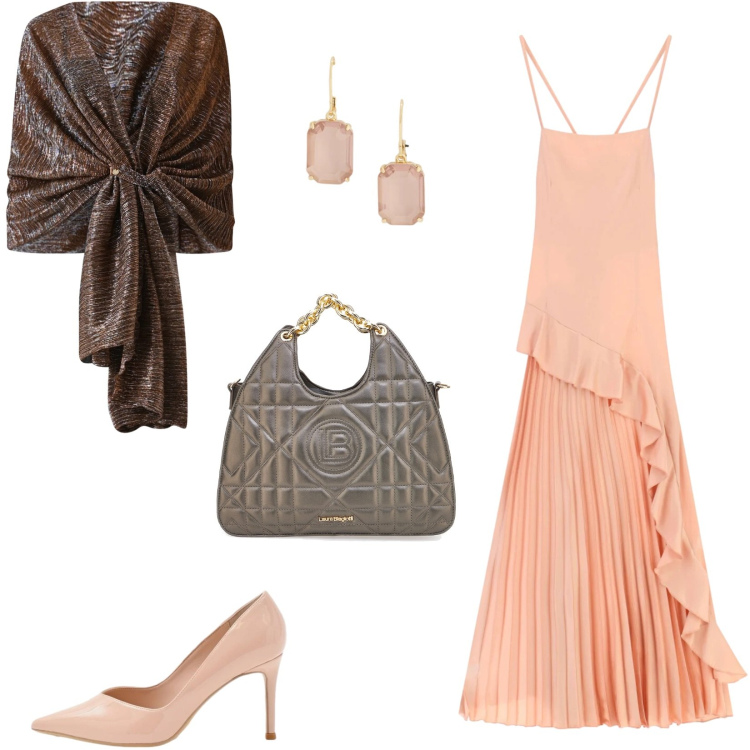 Outfit donna - Peach blush per una cerimonia. Stile Chic per Cerimonia. Abbinamento con stole, décolleté, vestiti lunghi, orecchini, borse a mano.
