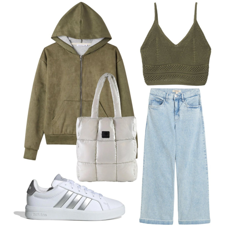 Outfit donna - Il top verde. Stile Casual chic per Tutti i giorni. Abbinamento con jeans, felpe con cappuccio, canottiere, shopping bag, sneakers.