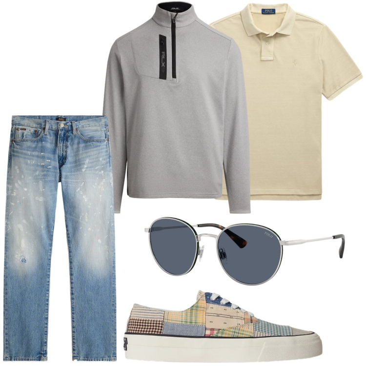 Outfit uomo - Boccata d\'aria. Stile Casual per Tutti i giorni. Abbinamento con occhiali da sole, pullovers, jeans dritti, sneakers, polo.