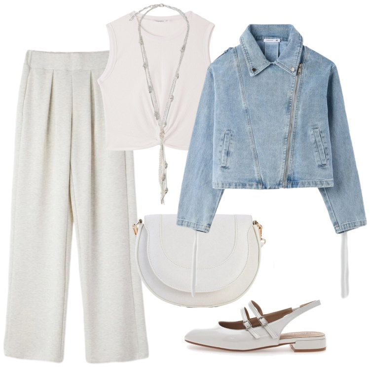 Outfit donna - Denim very chic. Stile Casual chic per Serata fuori. Abbinamento con borse a tracolla, canottiere, cappotti, pantaloni, collane, ballerine.