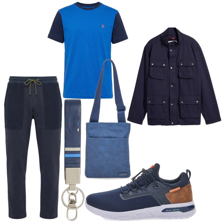 Outfit uomo - Blu & Denim. Stile Urban per Tutti i giorni. Abbinamento con giacche, t-shirt, portachiavi, pantaloni, sneakers, portafogli.