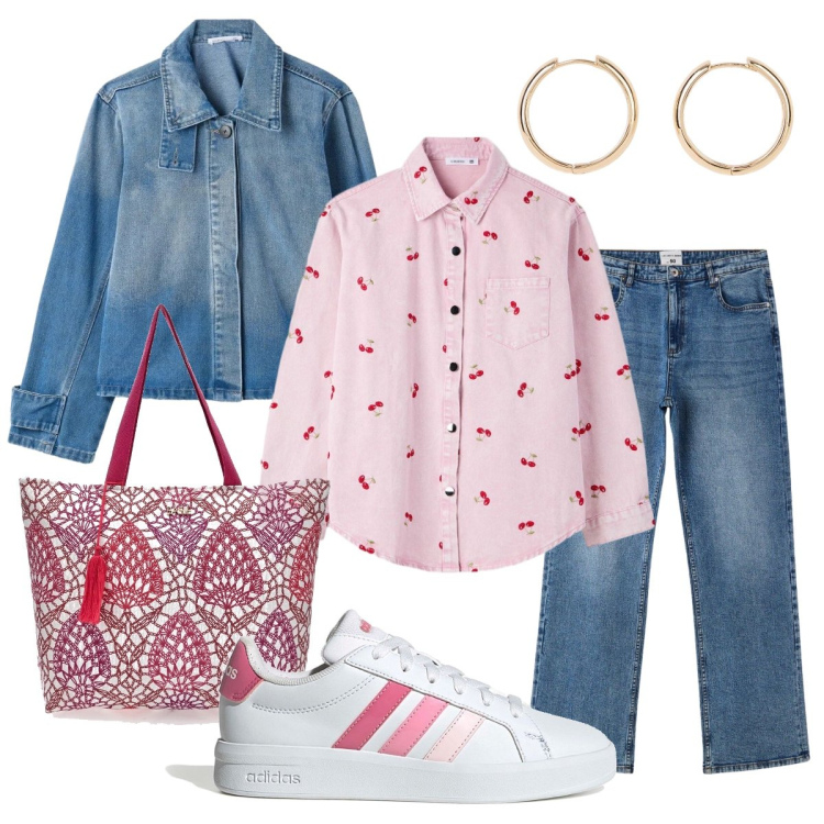 Outfit donna - La camicia con le ciliegie. Stile Trendy per Scuola/Università. Abbinamento con orecchini, jeans dritti, cappotti, camicie, shopping bag, sneakers.