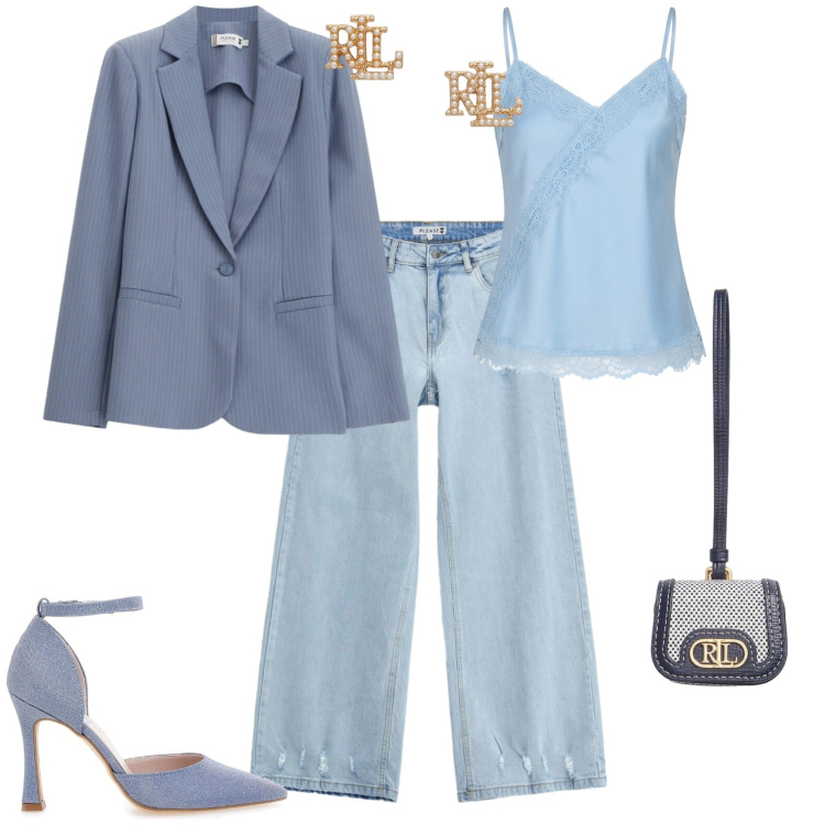 Outfit donna - Casual chic serata evento. Stile Casual chic per Serata fuori. Abbinamento con blazer, jeans, top, orecchini, pochette, décolleté.