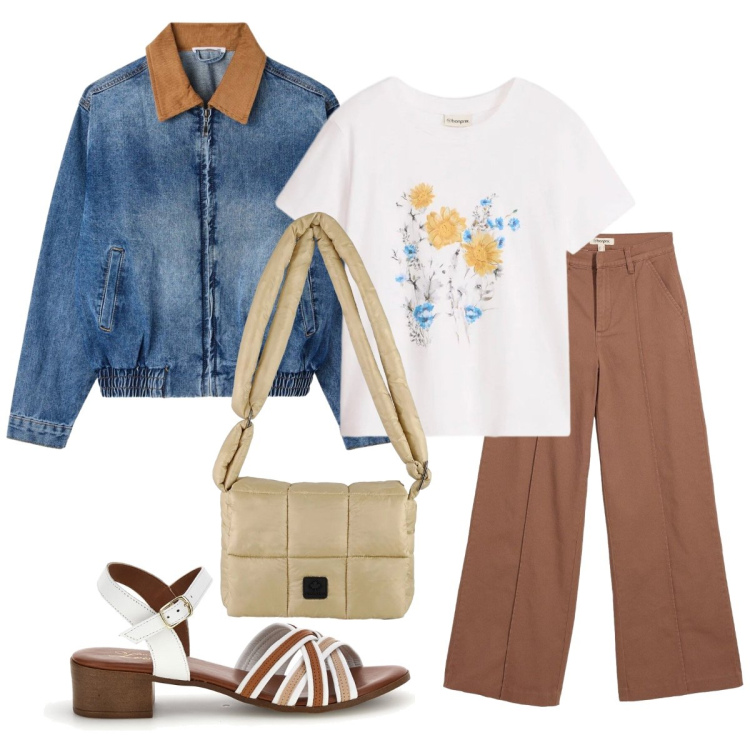Outfit donna - Il bomber di jeans. Stile Casual chic per Scuola/Università. Abbinamento con pantaloni, t-shirt, cappotti, borse a spalla, sandali in pelle.