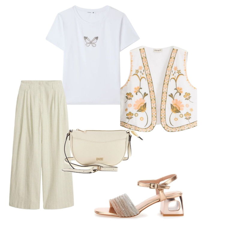 Outfit donna - Gilet ricamato. Stile Boho per Ufficio. Abbinamento con gilet, pantaloni, t-shirt, sandali col tacco, borse a tracolla.