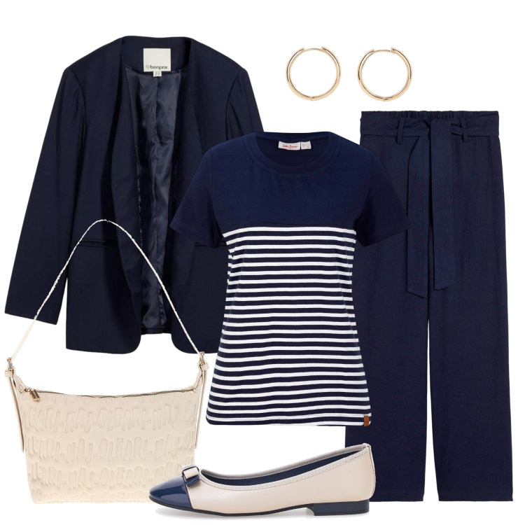 Outfit donna - Ballerine e marinière abbinati. Stile Basic per Tutti i giorni. Abbinamento con t-shirt, pantaloni culotte, blazer, orecchini, ballerine, borse a spalla.