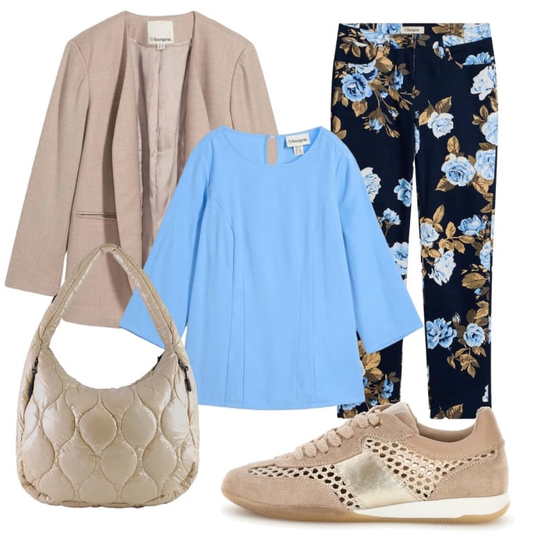 Outfit donna - I pantaloni in fantasia floreale. Stile Bon Ton per Ufficio. Abbinamento con bluse, pantaloni, blazer, borse tote, sneakers.