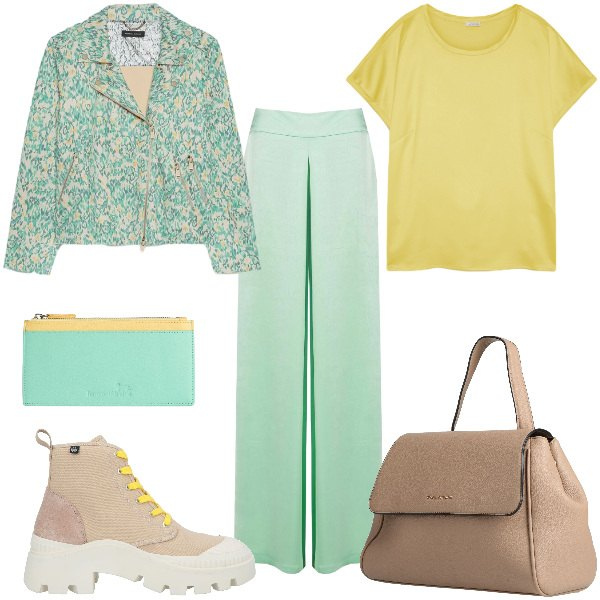 Outfit donna - Total look #2393406. Abbinamento con zaini, stivaletti, blazer, t-shirt, portafogli, pantaloni a palazzo.