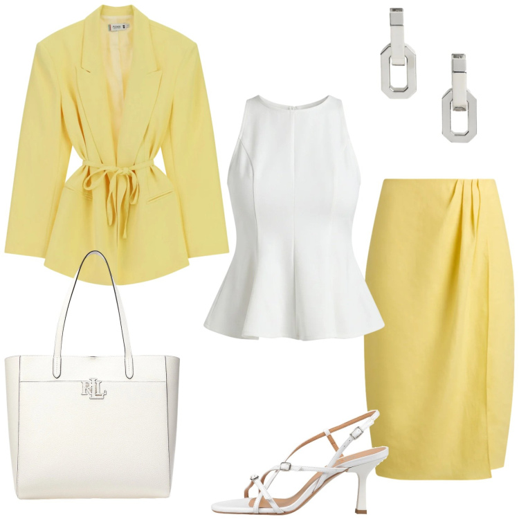 Outfit donna - Giallo ed è subito estate. Stile Chic per Cerimonia. Abbinamento con sandali in pelle, blazer, canottiere, borse tote, orecchini, gonne.