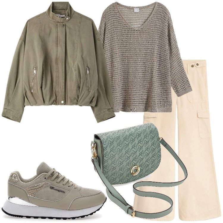 Outfit donna - Comoda con stile. Stile Trendy per Tutti i giorni. Abbinamento con maglieria, pantaloni cargo, bomber, sneakers, borse a tracolla.