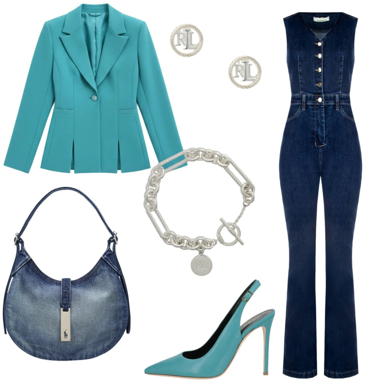 Outfit donna - Denim con eleganza. Stile Casual chic per Serata fuori. Abbinamento con décolleté, tute, blazer, borse a spalla, braccialetti, orecchini.