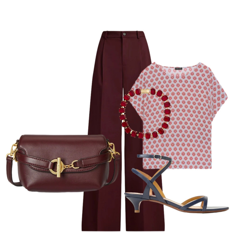 Outfit donna - Total look #2393423. Stile Casual chic per Serata fuori. Abbinamento con t-shirt, borse a tracolla, pantaloni, braccialetti, sandali col tacco.