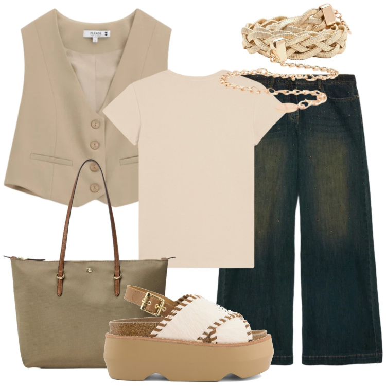 Outfit donna - Total look #2393425. Stile Trendy per Scuola/Università. Abbinamento con jeans, gilet, cinture, t-shirt, borse tote, zeppe.