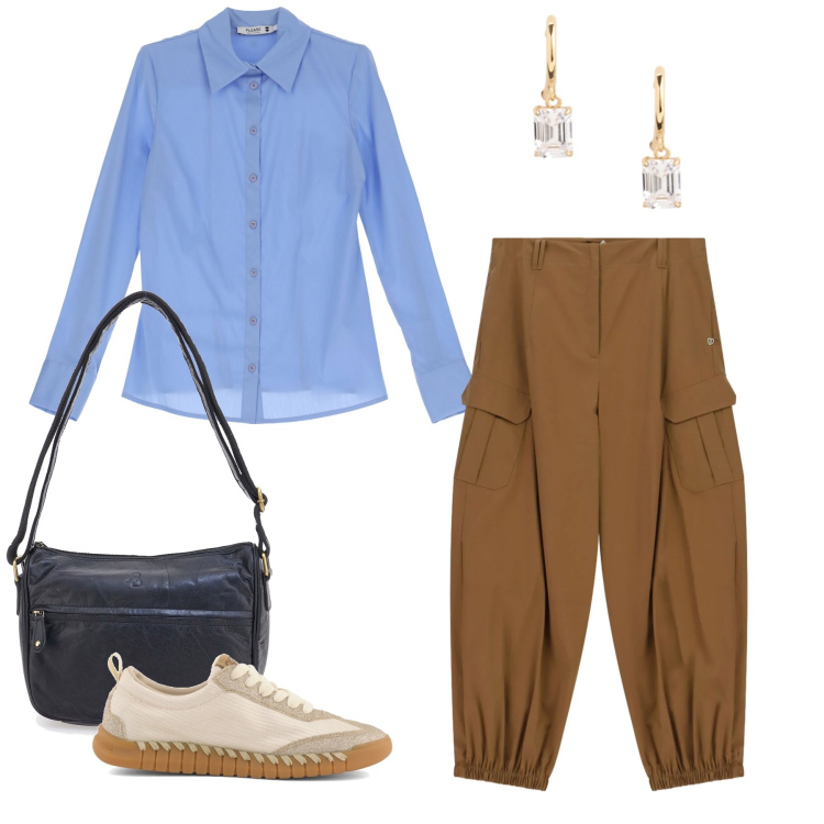 Outfit donna - Eleganza Quotidiana e Comfort. Stile Casual chic per Tutti i giorni. Abbinamento con camicie, pantaloni cargo, orecchini, borse a tracolla, sneakers.