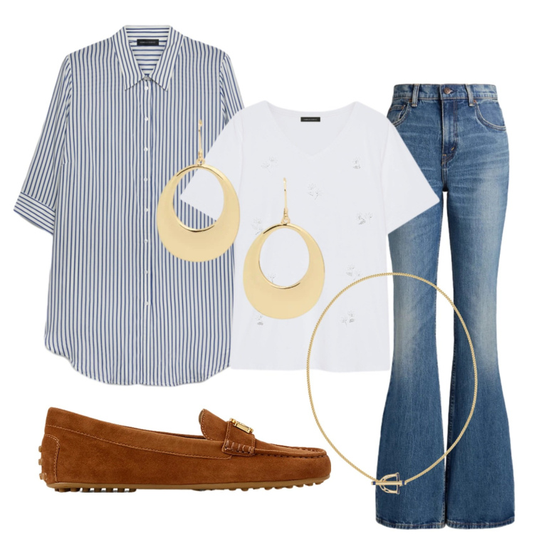Outfit donna - Total look #2393428. Stile Casual chic per Scuola/Università. Abbinamento con t-shirt, camicie, mocassini, ciondoli, orecchini, jeans.