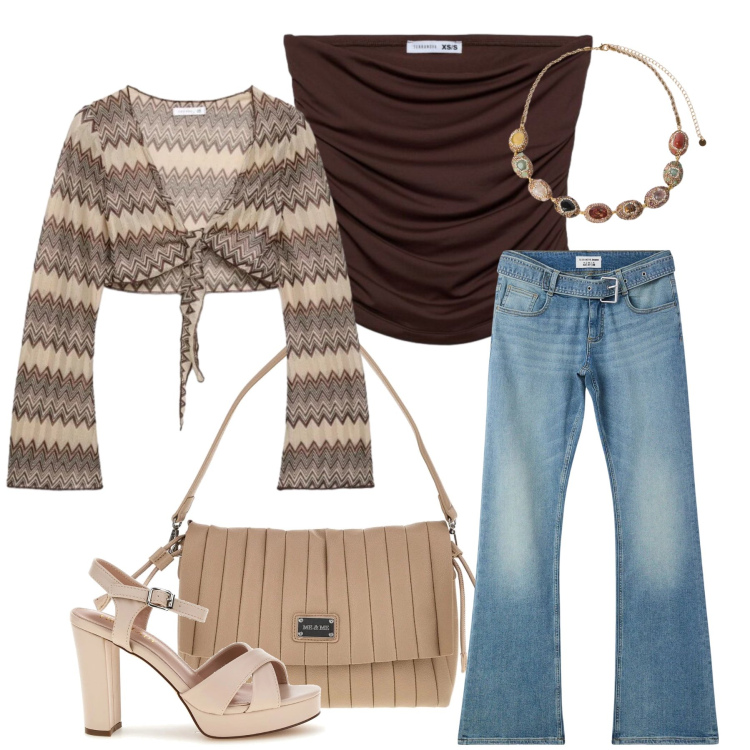 Outfit donna - Boho-Chic d\'Estate. Stile Casual chic per Tutti i giorni. Abbinamento con jeans a zampa, top, blazer, collane, sandali col tacco, pochette.