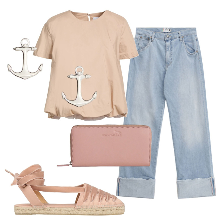 Outfit donna - Total look #2393433. Stile Basic per Tutti i giorni. Abbinamento con top, espadrillas, portafogli, jeans dritti, orecchini.