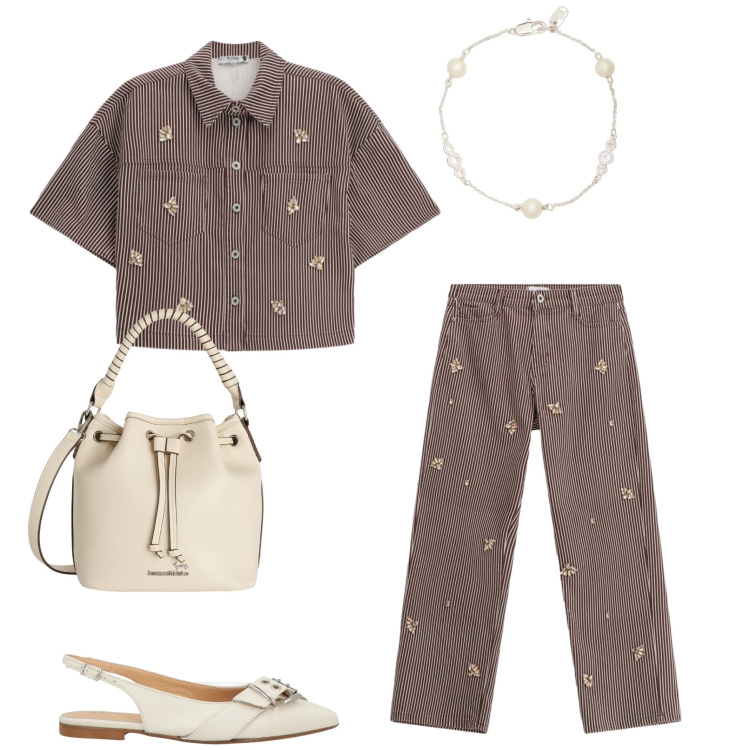 Outfit donna - Un Look Coordinato dal Fascino Retrò. Stile Casual chic per Tutti i giorni. Abbinamento con ballerine, pantaloni a palazzo, camicie a manica corta, borse a secchiello, braccialetti.