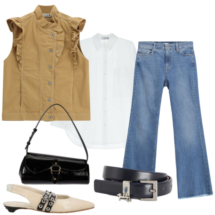 Outfit donna - Western-Chic Rivisitato. Stile Casual chic per Tutti i giorni. Abbinamento con ballerine, camicie, jeans, gilet, cinture, borse a spalla.