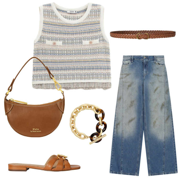 Outfit donna - Intrecci e Texture Naturali. Stile Casual chic per Tutti i giorni. Abbinamento con top, jeans, braccialetti, borse a tracolla, cinture, ciabatte.