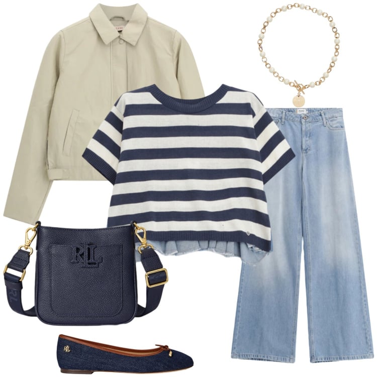Outfit donna - Freschezza Primaverile in Blu e Beige. Stile Casual chic per Tutti i giorni. Abbinamento con jeans, t-shirt, blazer, collane, ballerine, borse a tracolla.