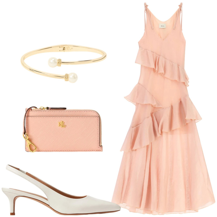 Outfit donna - Peach Blush. Stile Chic per Cerimonia. Abbinamento con vestiti lunghi, décolleté, portafogli, braccialetti.