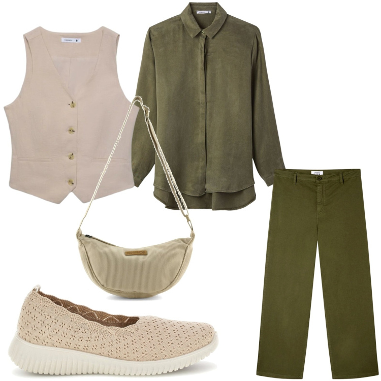 Outfit donna - Passeggiata in città. Stile Glamour per Tutti i giorni. Abbinamento con pantaloni, gilet, camicie, borse a tracolla, ballerine.