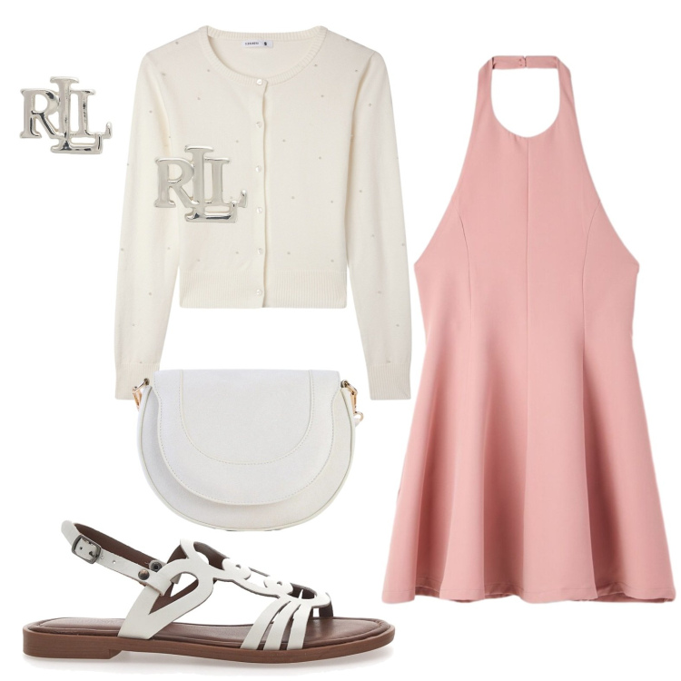 Outfit donna - Scollo all\'americana. Stile Basic per Tutti i giorni. Abbinamento con borse a tracolla, cardigans, vestiti corti, orecchini, sandali.