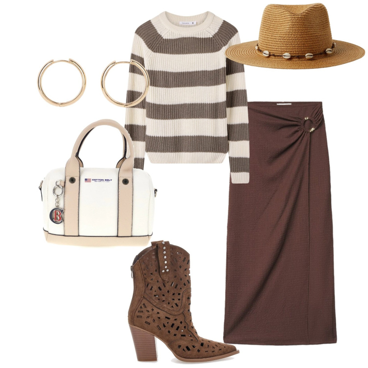 Outfit donna - Passeggiata lungo mare. per Mare. Abbinamento con orecchini, cappelli, maglieria, gonne lunghe, stivaletti texani, borse a mano.