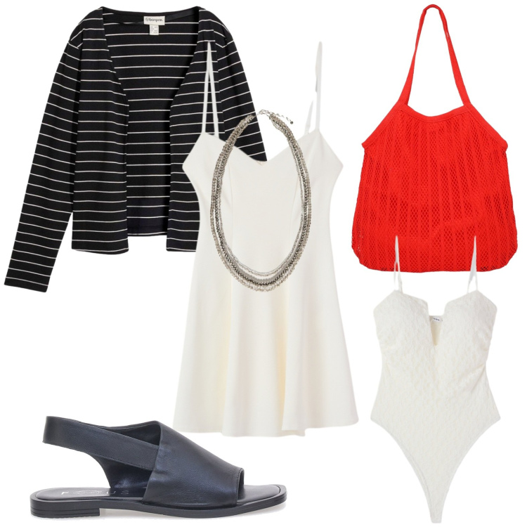 Outfit donna - Spring time. Stile Glamour per Tutti i giorni. Abbinamento con cardigans, body, vestiti corti, shopping bag, collane, sandali in pelle.