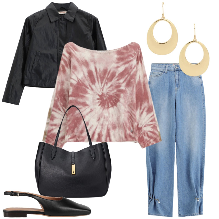 Outfit donna - Urban Tie-Dye Mix. Stile Boho per Tutti i giorni. Abbinamento con ballerine, blazer, jeans, top, orecchini, borse tote.
