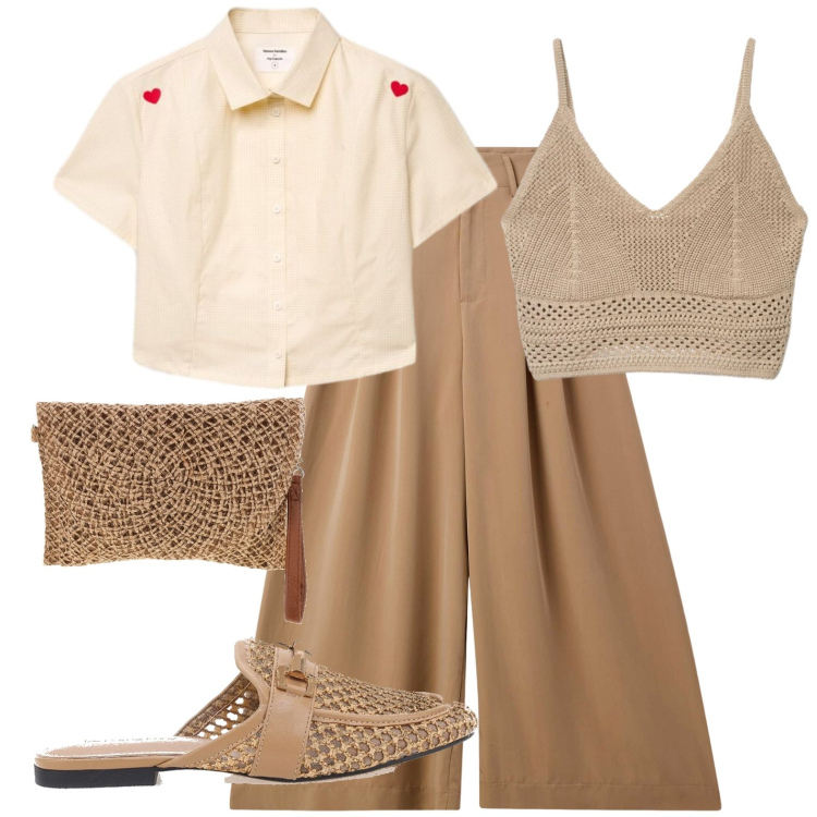 Outfit donna - Sfumature. Stile Casual chic per Tutti i giorni. Abbinamento con pantaloni, top, camicie a manica corta, sabot, borse a tracolla.