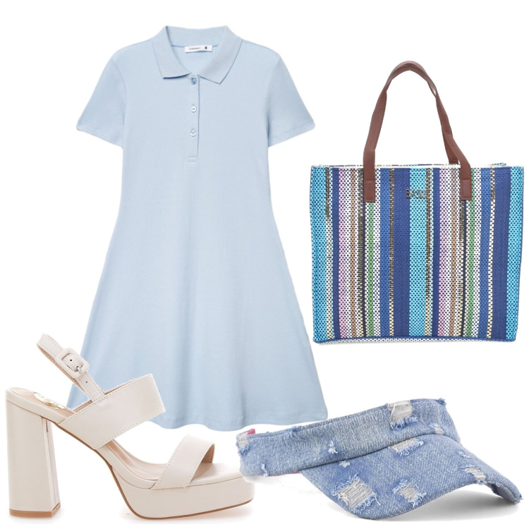Outfit donna - Visiera denim. Stile Romantica per Tutti i giorni. Abbinamento con vestiti, sandali col tacco, cappelli con visiera, shopping bag.