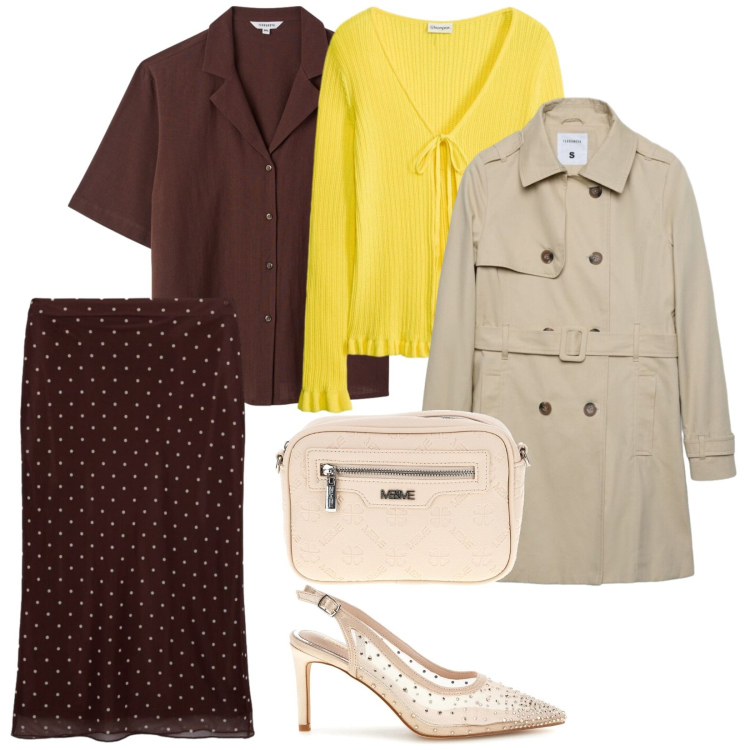 Outfit donna - Vestirsi a strati. per Ufficio. Abbinamento con cardigans, trench, gonne lunghe, camicie a manica corta, décolleté, borse a tracolla.