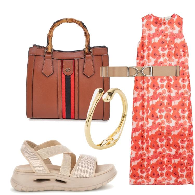 Outfit donna - Idee primaverili. Stile Boho per Tutti i giorni. Abbinamento con braccialetti, vestiti lunghi, cinture, sandali, borse a tracolla.