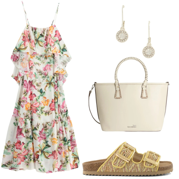 Outfit donna - Outfit spring. Stile Trendy per Tutti i giorni. Abbinamento con shopping bag, vestiti lunghi, orecchini, sandali.