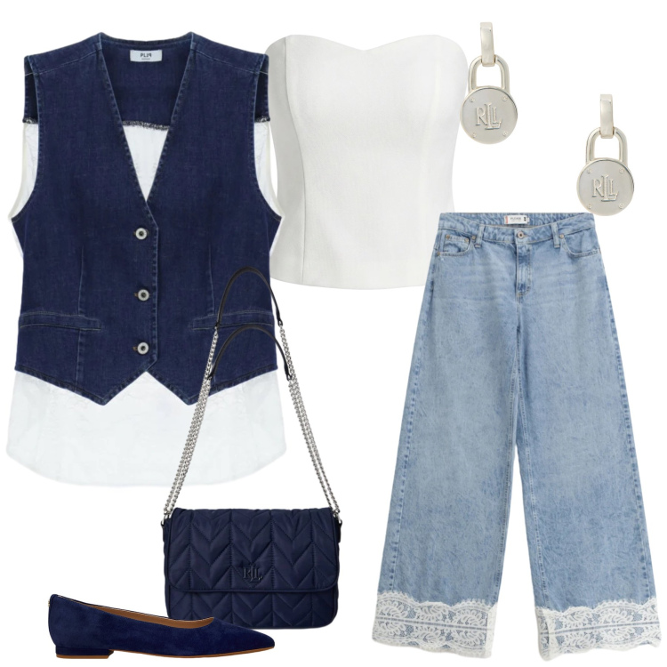 Outfit donna - Denim & Lace Sophistication. Stile Casual chic per Tutti i giorni. Abbinamento con jeans, gilet, top, orecchini, ballerine, borse a tracolla.