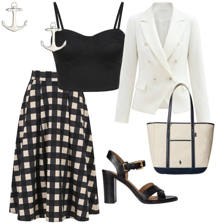 Outfit donna - Città di mare. per Tutti i giorni. Abbinamento con top, gonne longuette, blazer, sandali in pelle, borse tote, orecchini.